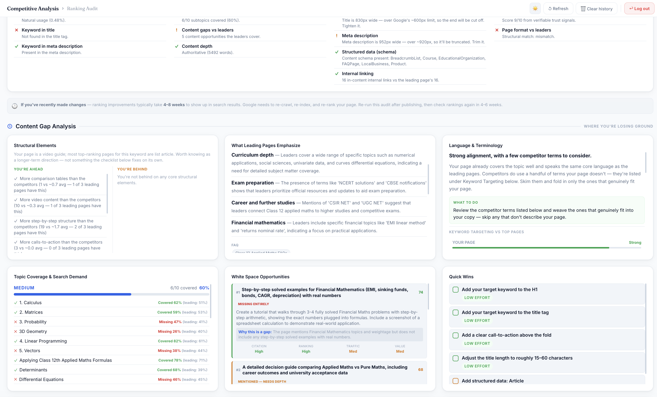 RankAnalyze Ranking Audit, structural elements, topic coverage, white space opportunities and quick wins